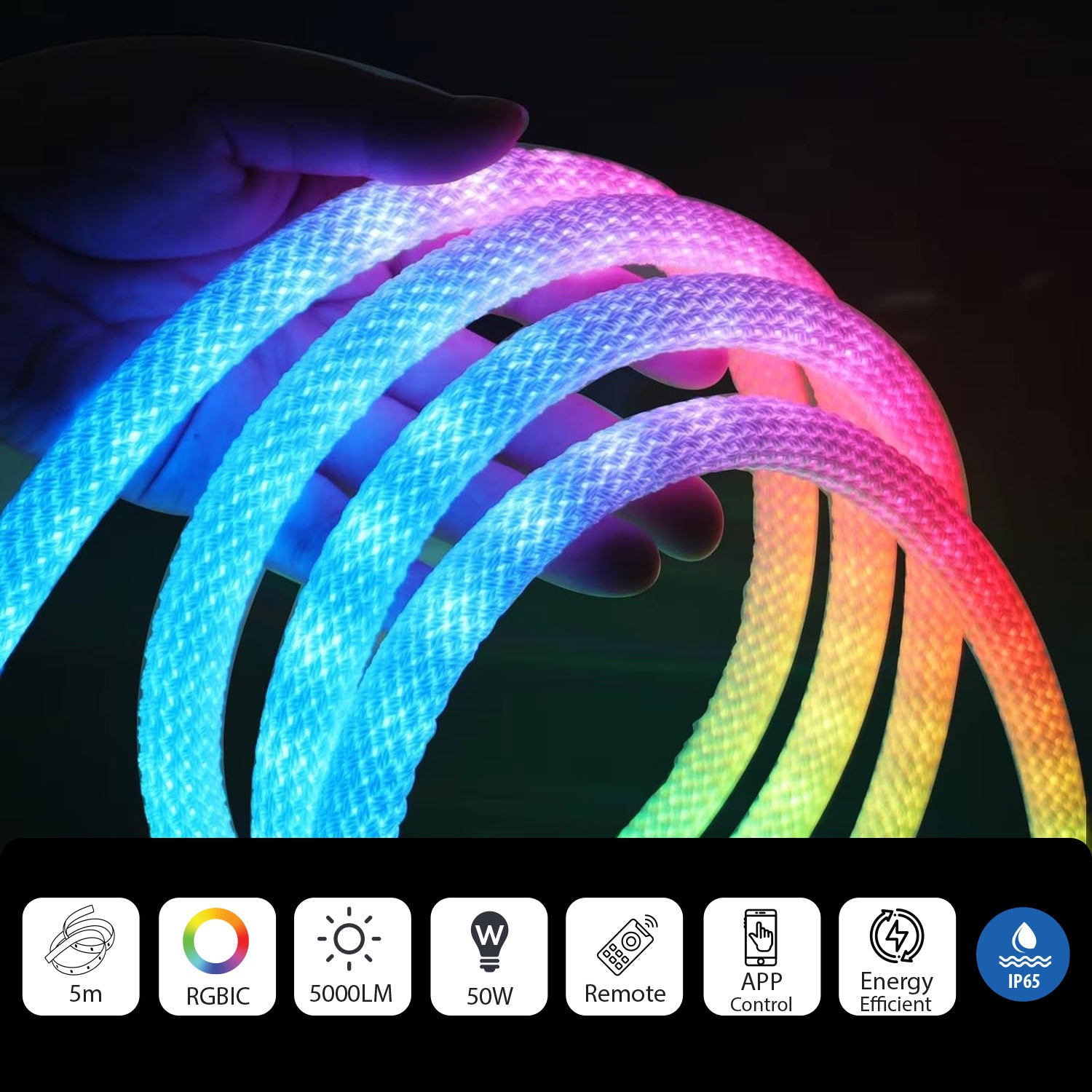 ENER-J NeonTwist RGBIC Braided Rope Light 5 m Kit with Remote