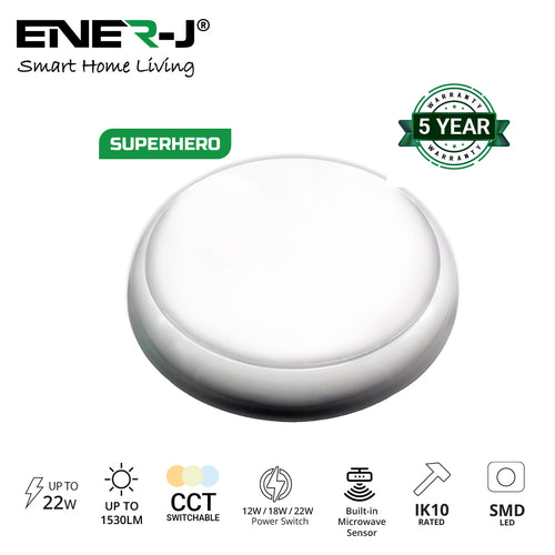 9 in 1 LED Bulkheads with Power Switchable (12W-18W-22W) and CCT Switchable & Built-in Microwave Sensor, Size: 320mm, IP65 & IK10, 3 Years warranty.