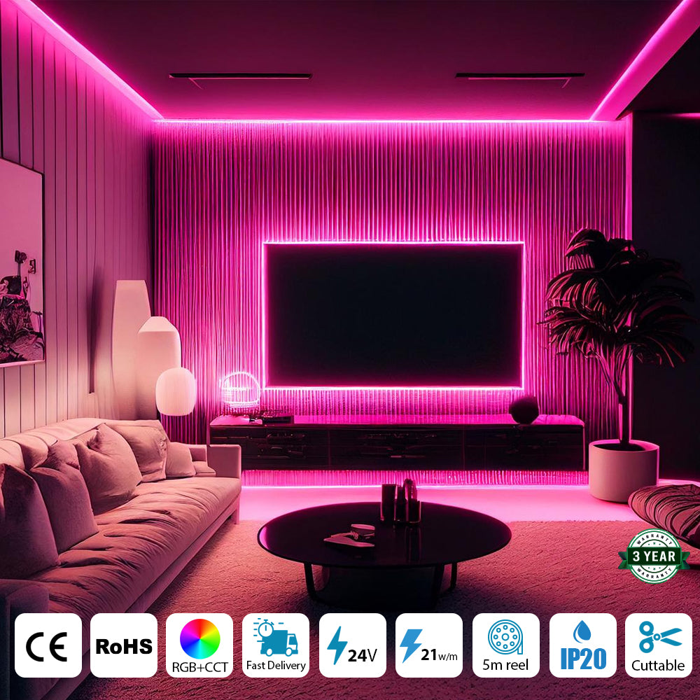 ENER-J 24V RGB+CCT COB LED Strip Lights, 5 Meter Roll (With Power Supply and Remote Controller)