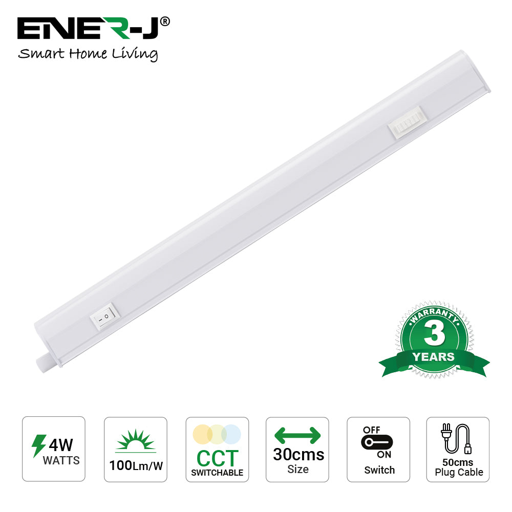 4W LED T5 Batten Light, 30cms, 100 Lm/W, With on/off switch, CCT Switchable, 50cms cable, 3 Years warranty