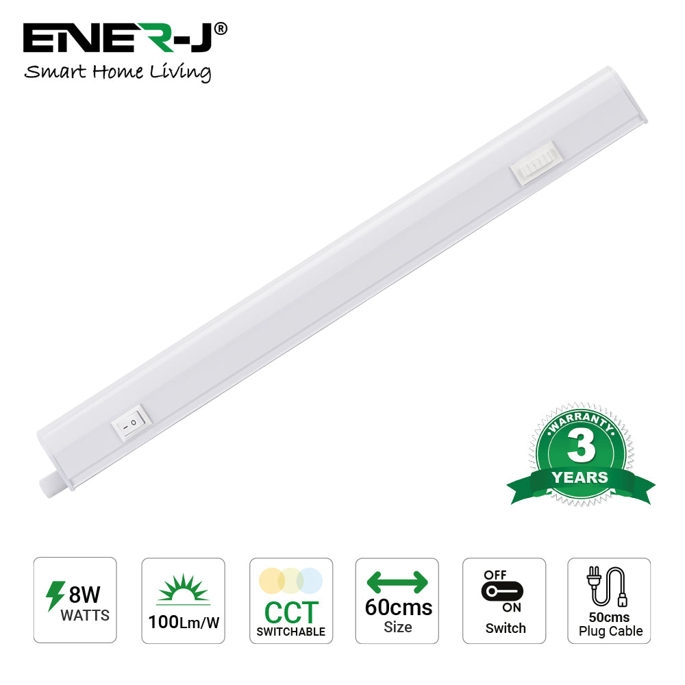 8W LED T5 Batten Light, 60cms, 100 Lm/W, With on/off switch, CCT Switchable, 50cms cable, 3 Years warranty