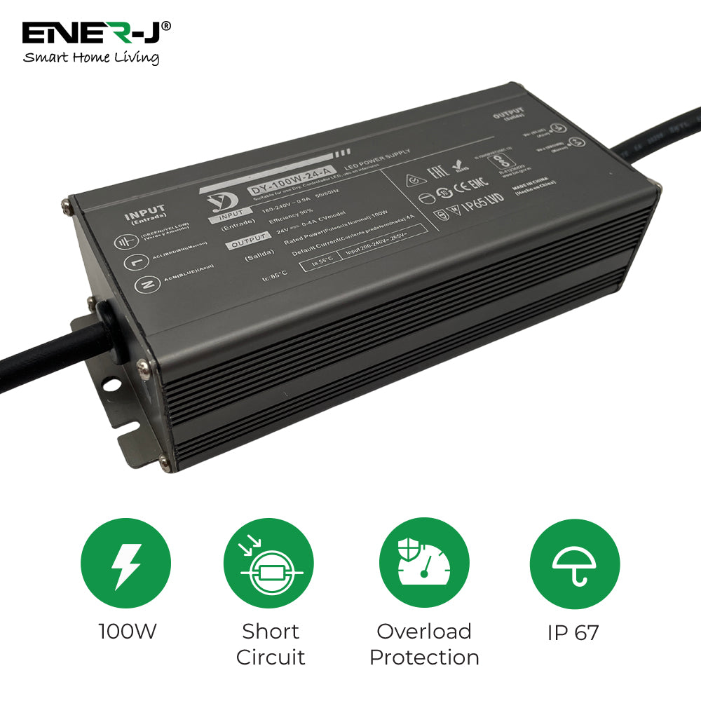 ENER-J Waterproof 100W 24V Power Supply, Constant Voltage LED Driver (IP65/IP67 Rated)