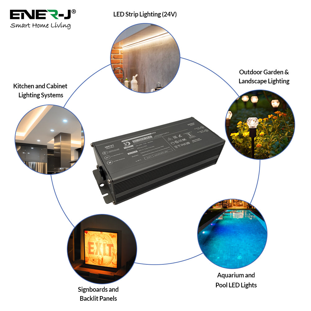 ENER-J Waterproof 100W 24V Power Supply, Constant Voltage LED Driver (IP65/IP67 Rated)
