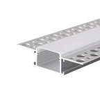A silver recessed plasterboard trimless aluminium LED profile with flange, designed for drywall installation.