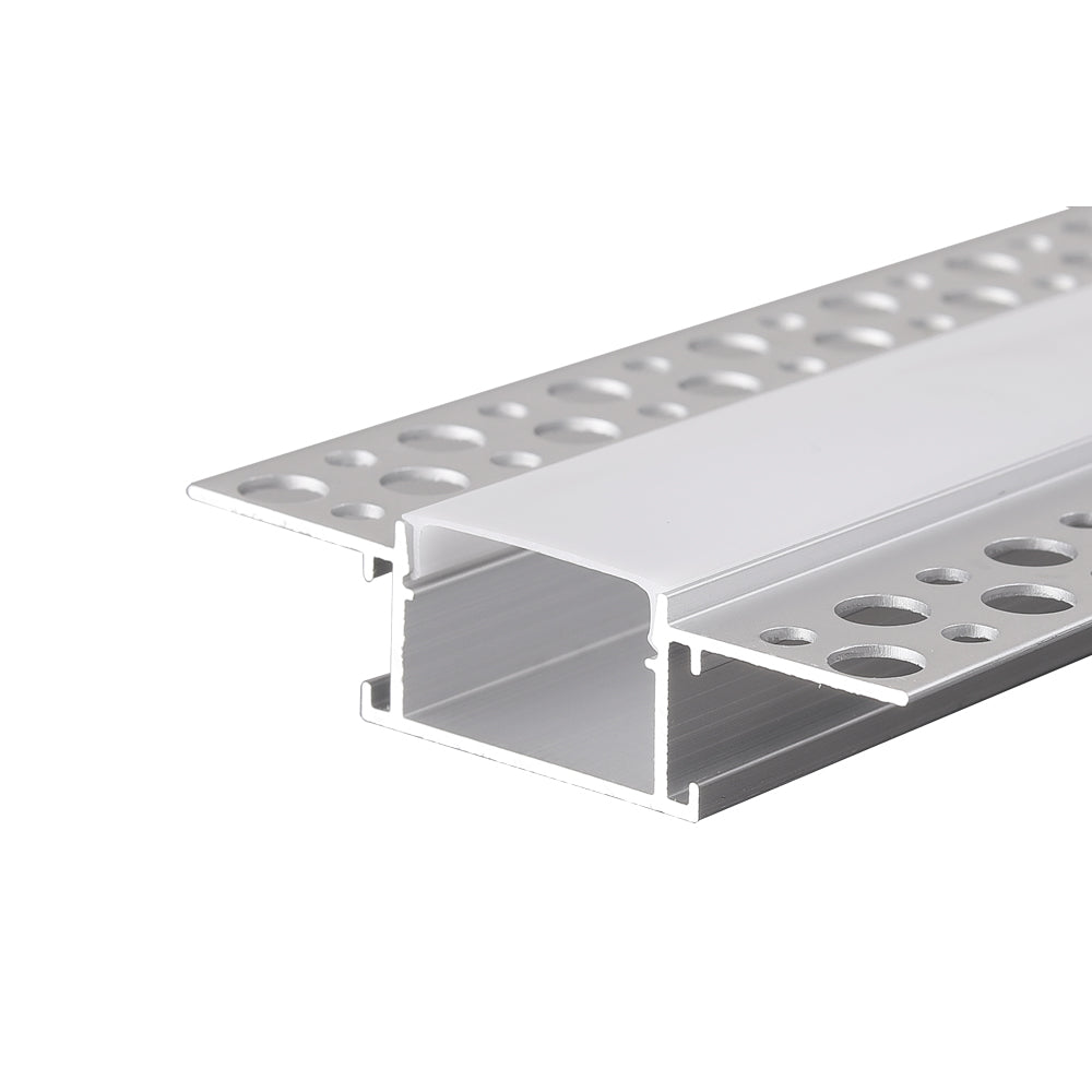 A silver recessed plasterboard trimless aluminium LED profile with flange, designed for drywall installation.