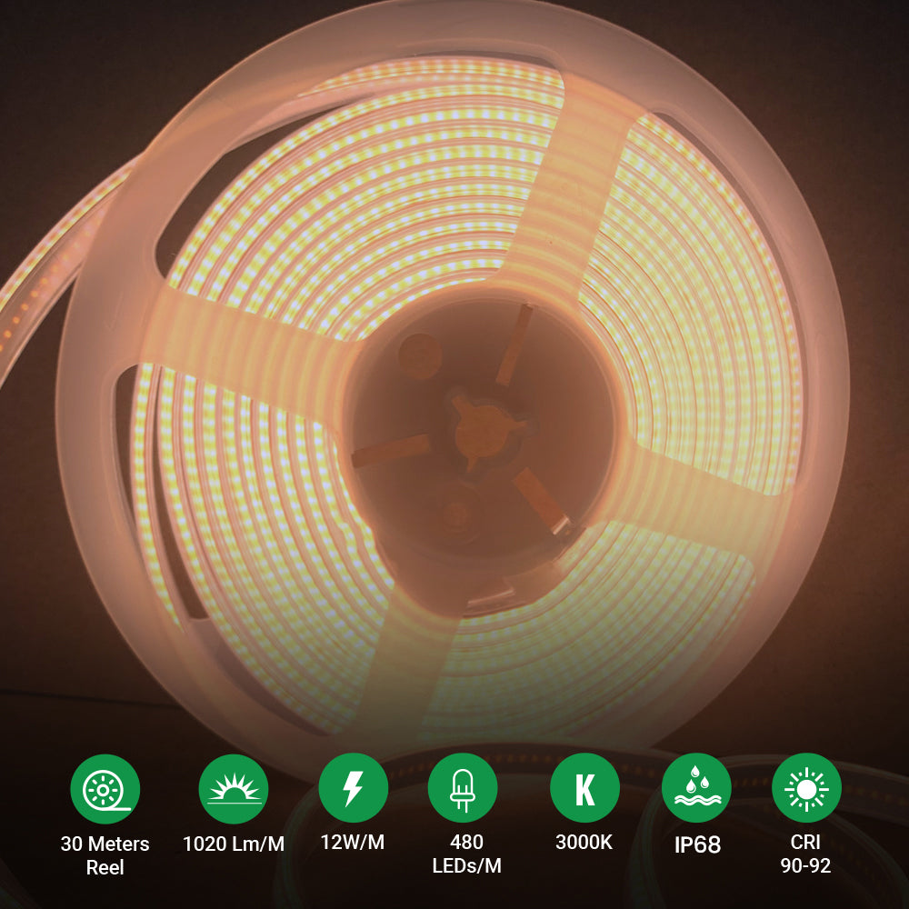30 meters COB LED Strip Light 24V, 3000K, IP65