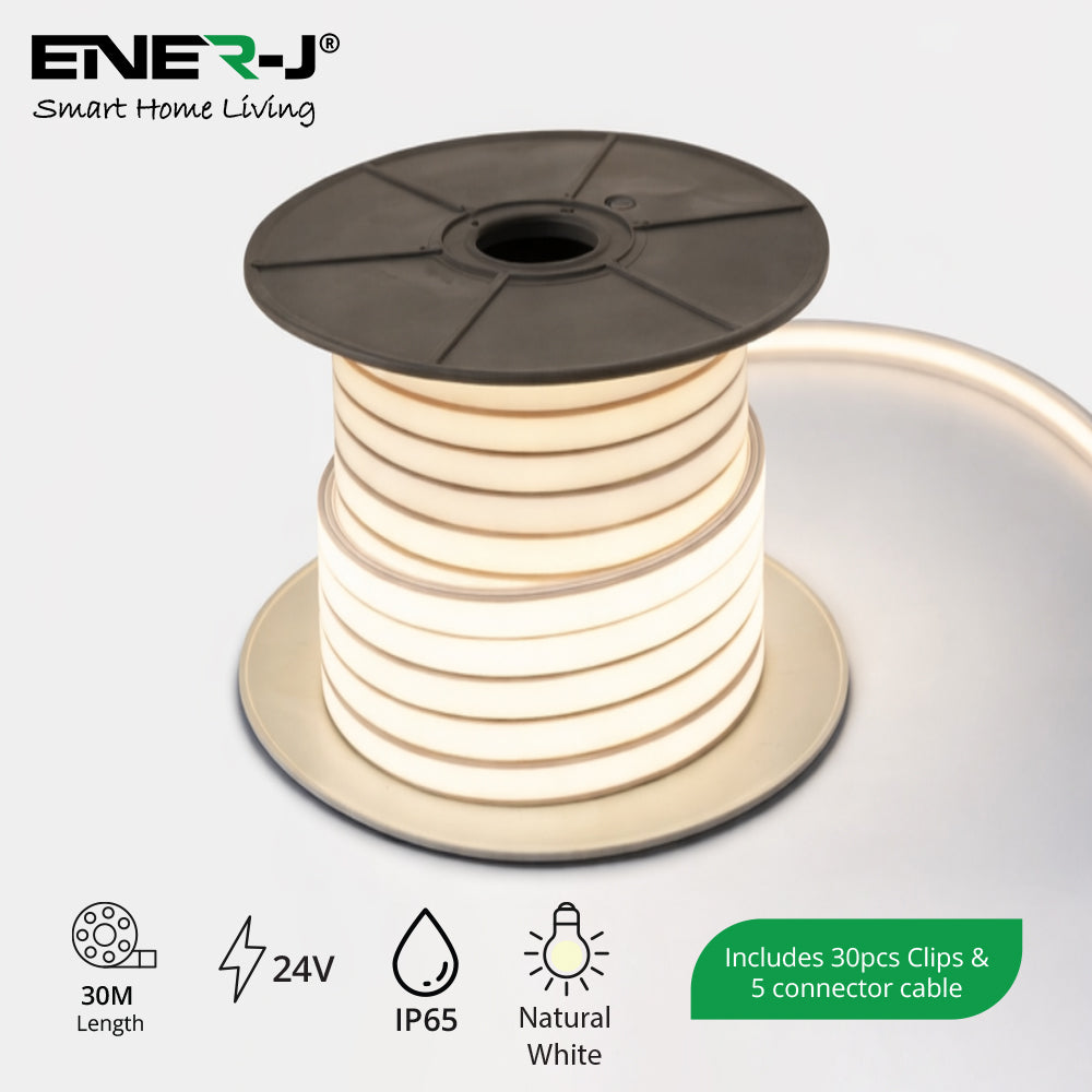 30 Meters 24V Silicon Neon Strip, Size: 10x10mm, IP65. Includes 30pcs Clips & 5 connector cable, Natural White
