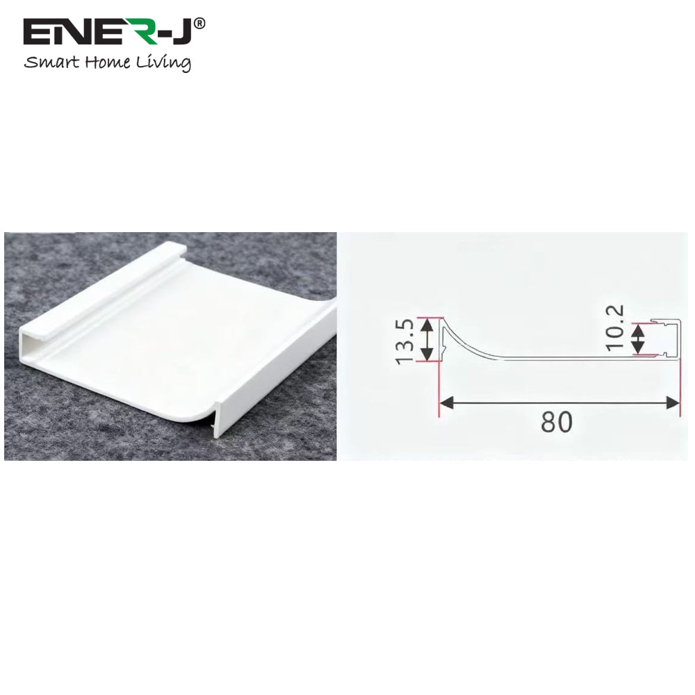 White plastic profile with dimensions on a white background, featuring the Ener-J logo.