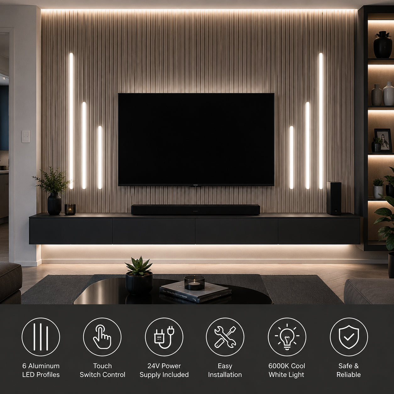 Ener-J LED Slat Wall Lighting Kit Touch Switch Aluminium Profile System for Media Walls 24V 6 Profiles Set