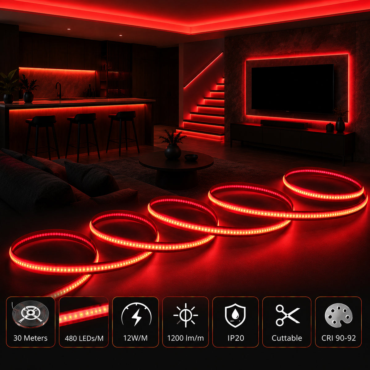 Ener-J 24V COB LED Strip Lights High Brightness Red 30M Reel with 480 LEDs/M IP20