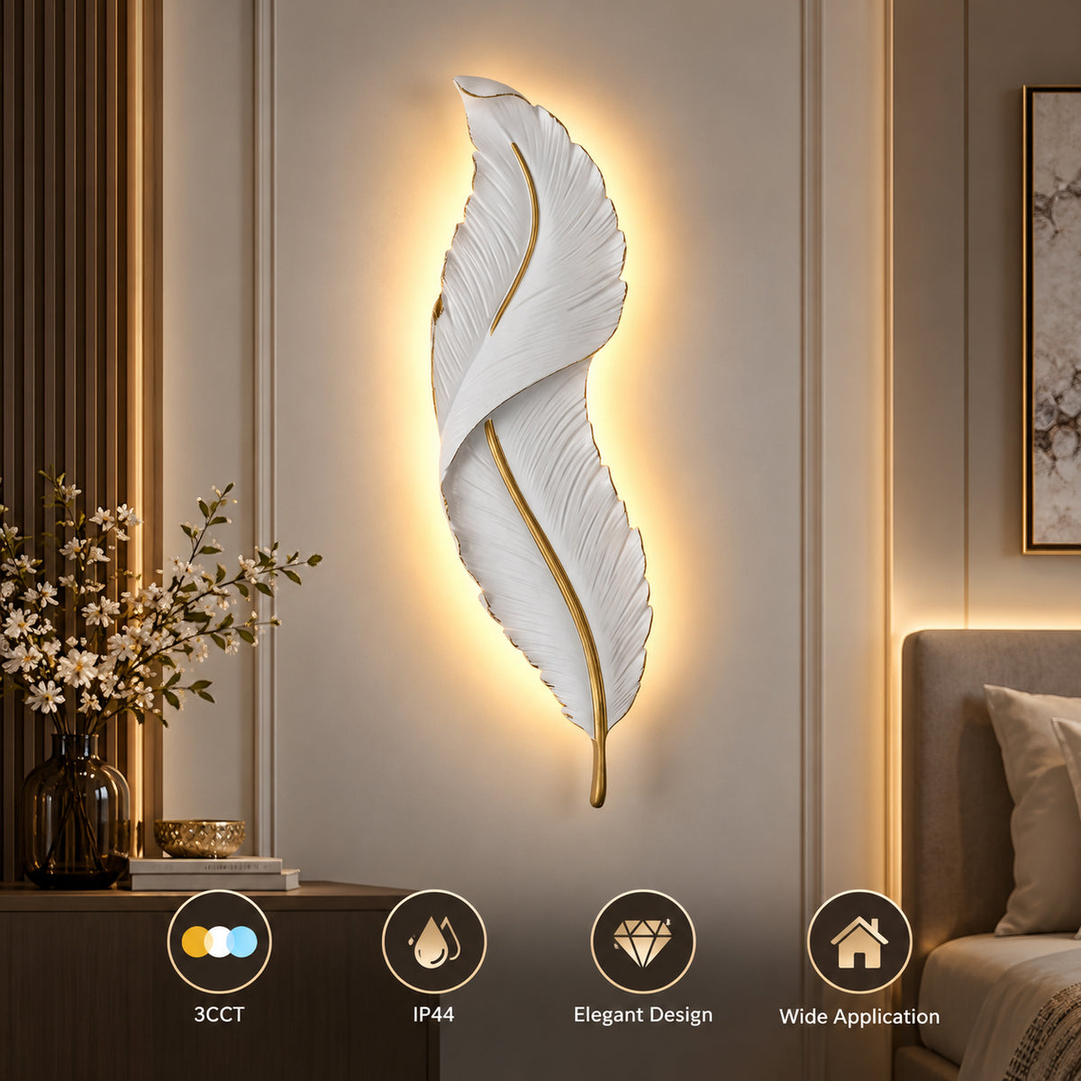 Ener-J 18W Elegant Feather LED Wall Light | CCT Switch 3000K-6000K | IP44 Rated