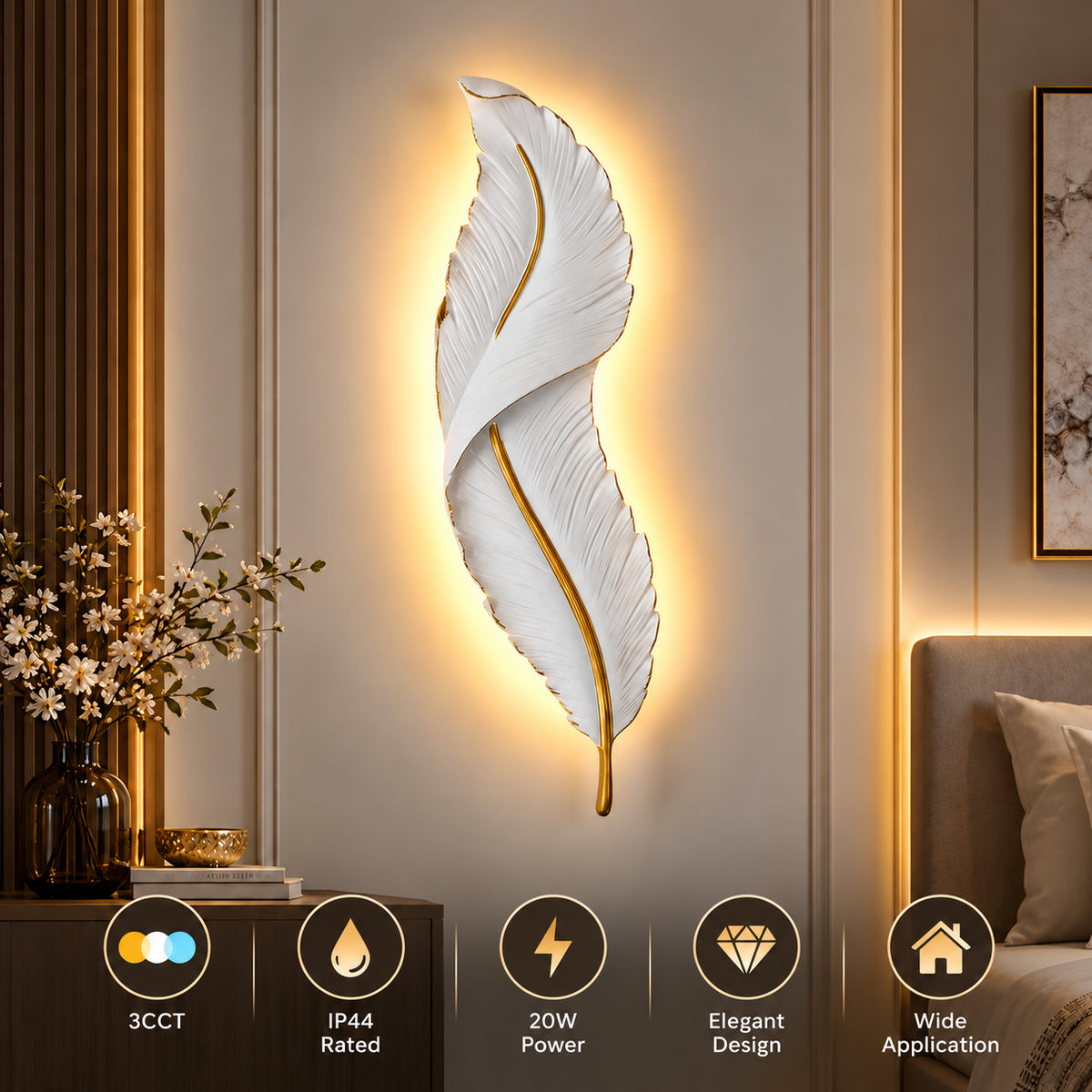 Ener-J 20W Elegant Feather LED Wall Light | CCT Switch 3000K-6000K | IP44 Rated