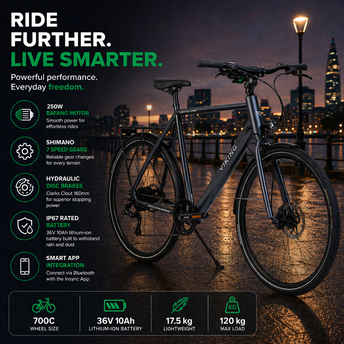 Ener-J Viking Urban Eco 36V Electric Gents Bike 700C 7 Speed – Small Frame, 250W Motor, 36V 10Ah Battery, Urban Commuter E-Bike
