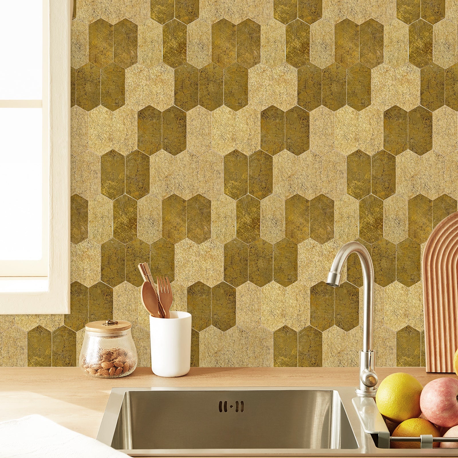 Pack of 4 Hexagon pattern, Peel & Stick Aluminium Mosaic Tile Backsplash‚ 293x285 mm, 3 mm Thickness – Bronze Finish