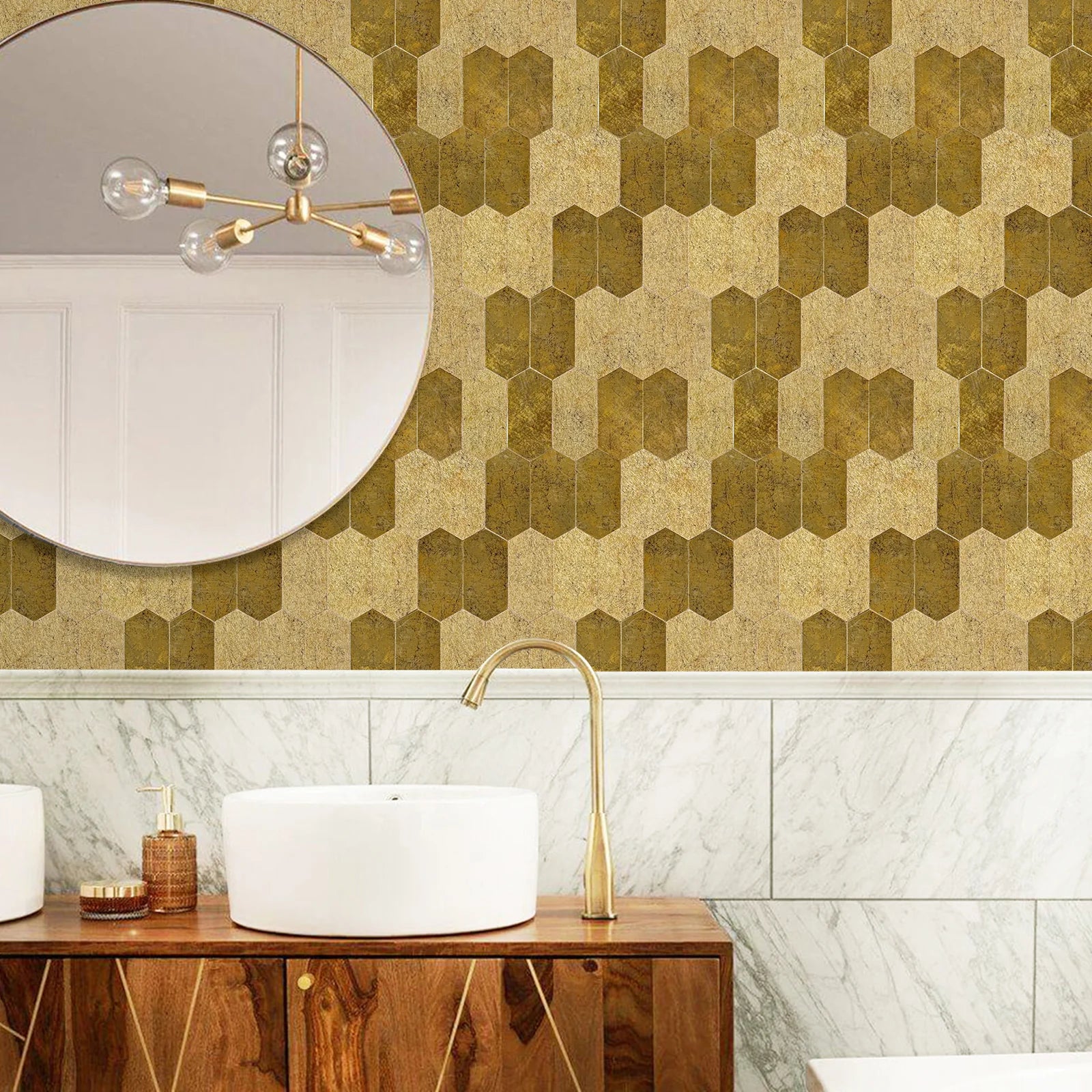 Pack of 4 Hexagon pattern, Peel & Stick Aluminium Mosaic Tile Backsplash‚ 293x285 mm, 3 mm Thickness – Bronze Finish