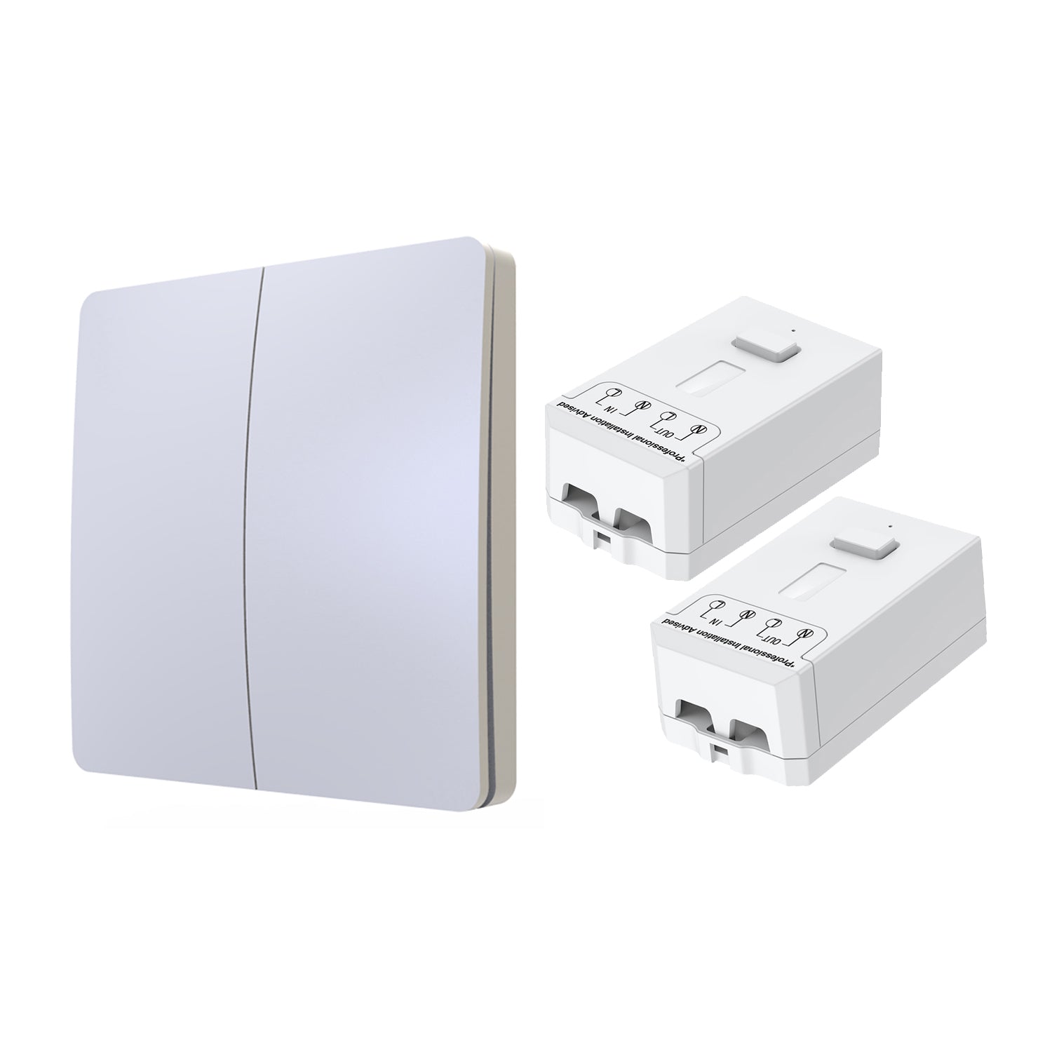 2 Gang Wireless Kinetic Switch Dimmable/Non Dimmable, White (Pro Range) with 2 X 500W RF Non-Dimmable Receiver Modules