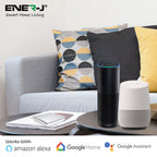 Smart home devices on a coffee table with Ener-J branding and compatibility logos.