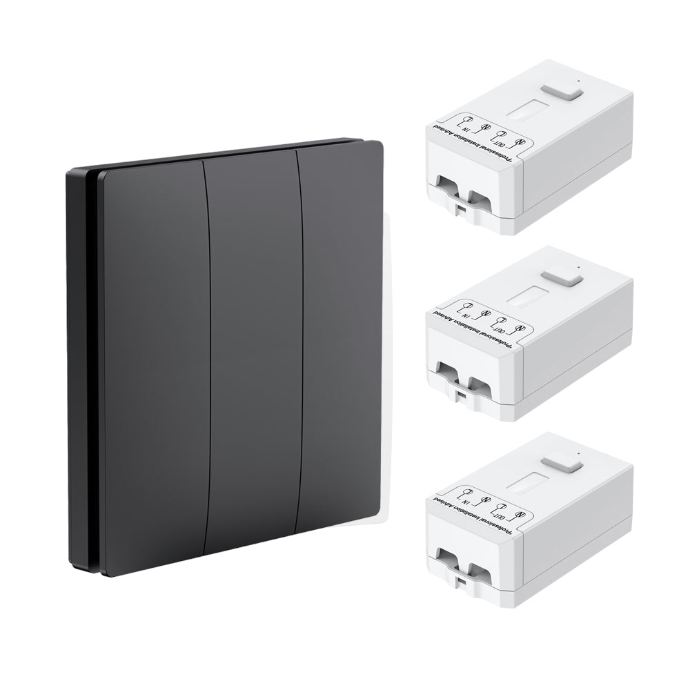 Wireless Kinetic 3 Gang Switch ECO SERIES (Black body) with 3 Non Dimmable 5A RF Receivers. No Wiring, No Batteries, No Drilling Holes