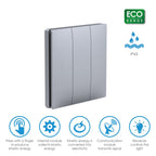Wireless Kinetic 3 Gang Switch ECO SERIES (Silver body) with 3 Non Dimmable 5A RF Receivers. No Wiring, No Batteries, No Drilling Holes