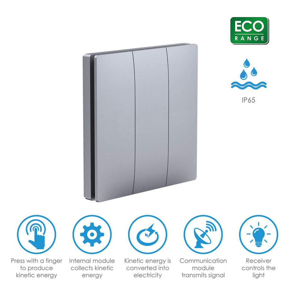 Wireless Kinetic 3 Gang Switch ECO SERIES (Silver body) with 3 Non Dimmable 5A RF Receivers. No Wiring, No Batteries, No Drilling Holes