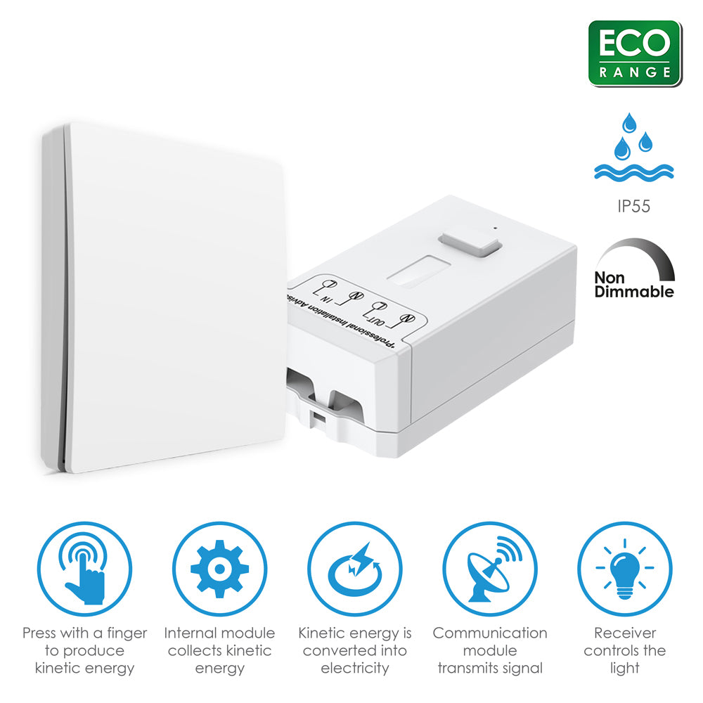 Ener-J 1 Gang Wireless Kinetic Switch and 500W RF Receiver Kit, ECO Series, White Finish