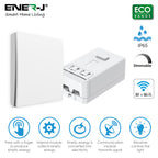 Ener-J smart home living device ( Wireless Kinetic Switch)  with features highlighted on a white background