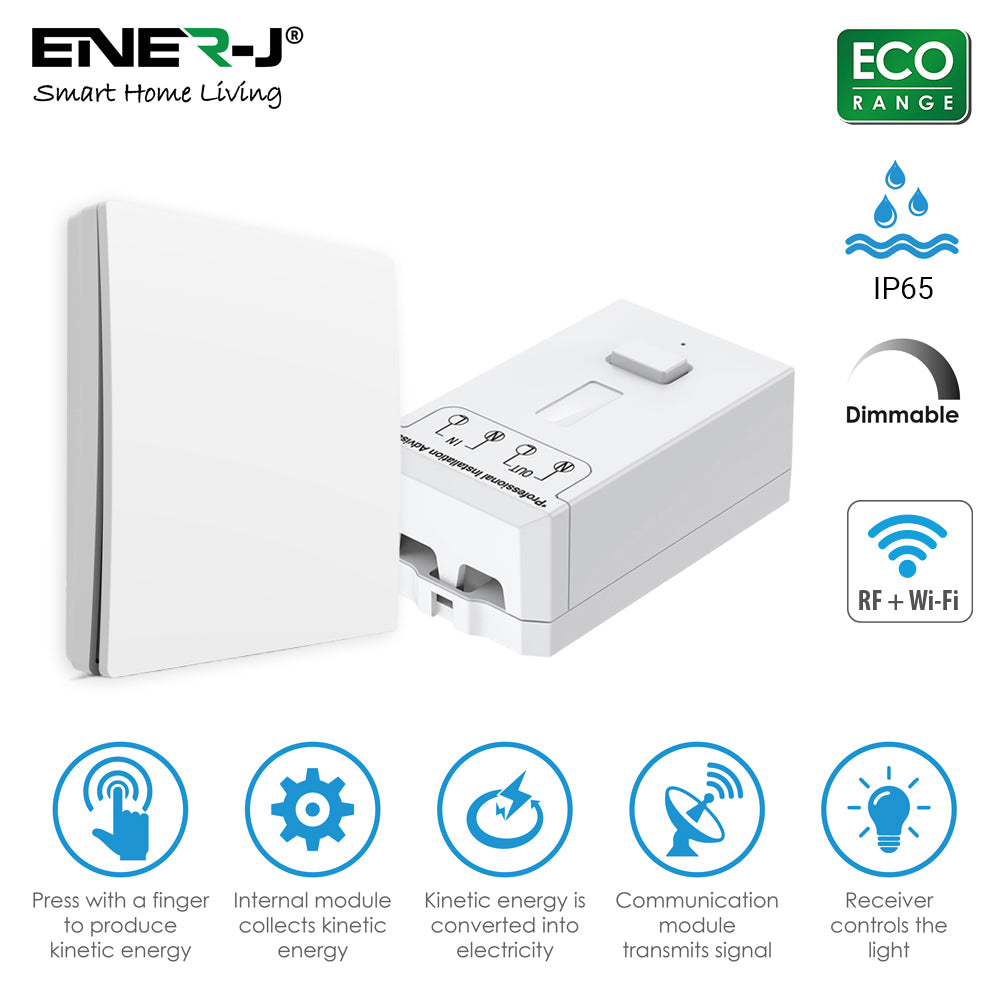 Ener-J smart home living device ( Wireless Kinetic Switch)  with features highlighted on a white background