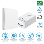 White electronic device ( Wireless Kinetic Switch & 500W WiFi Receiver Kit) with features highlighted on a white background