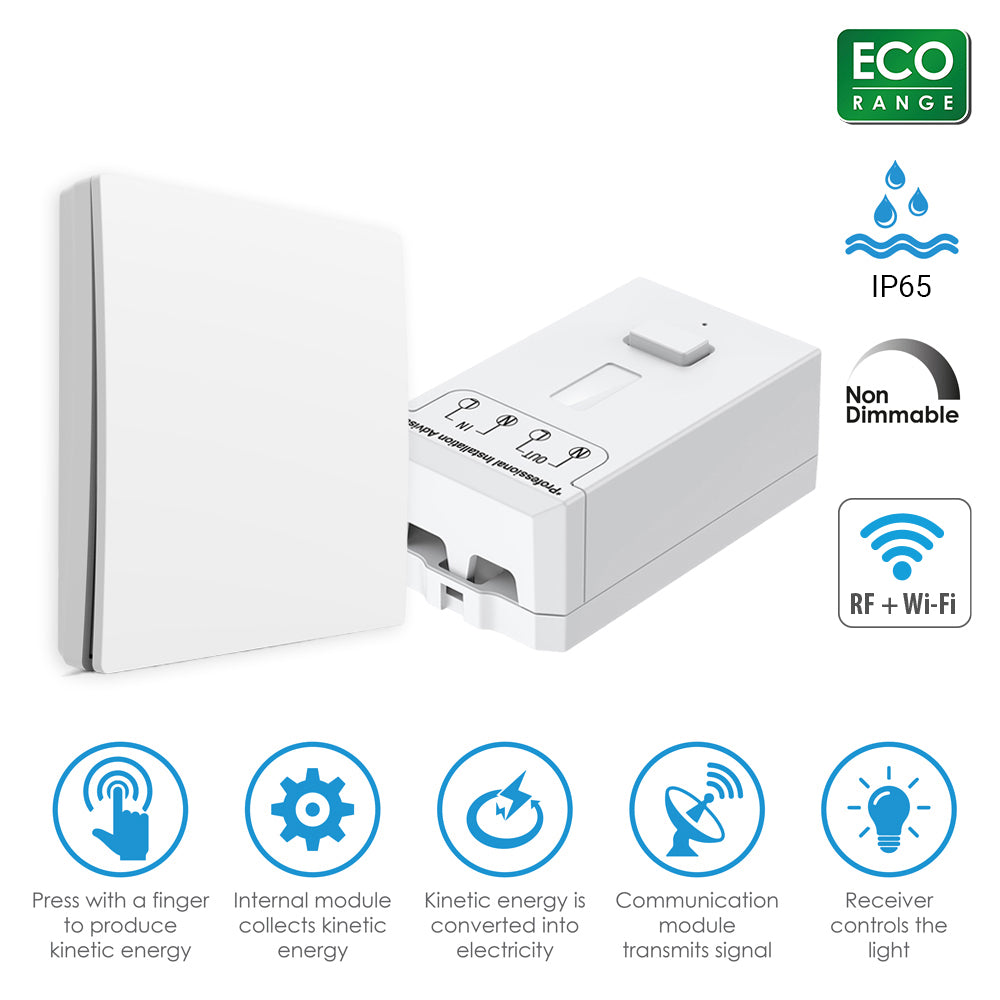 White electronic device ( Wireless Kinetic Switch & 500W WiFi Receiver Kit) with features highlighted on a white background