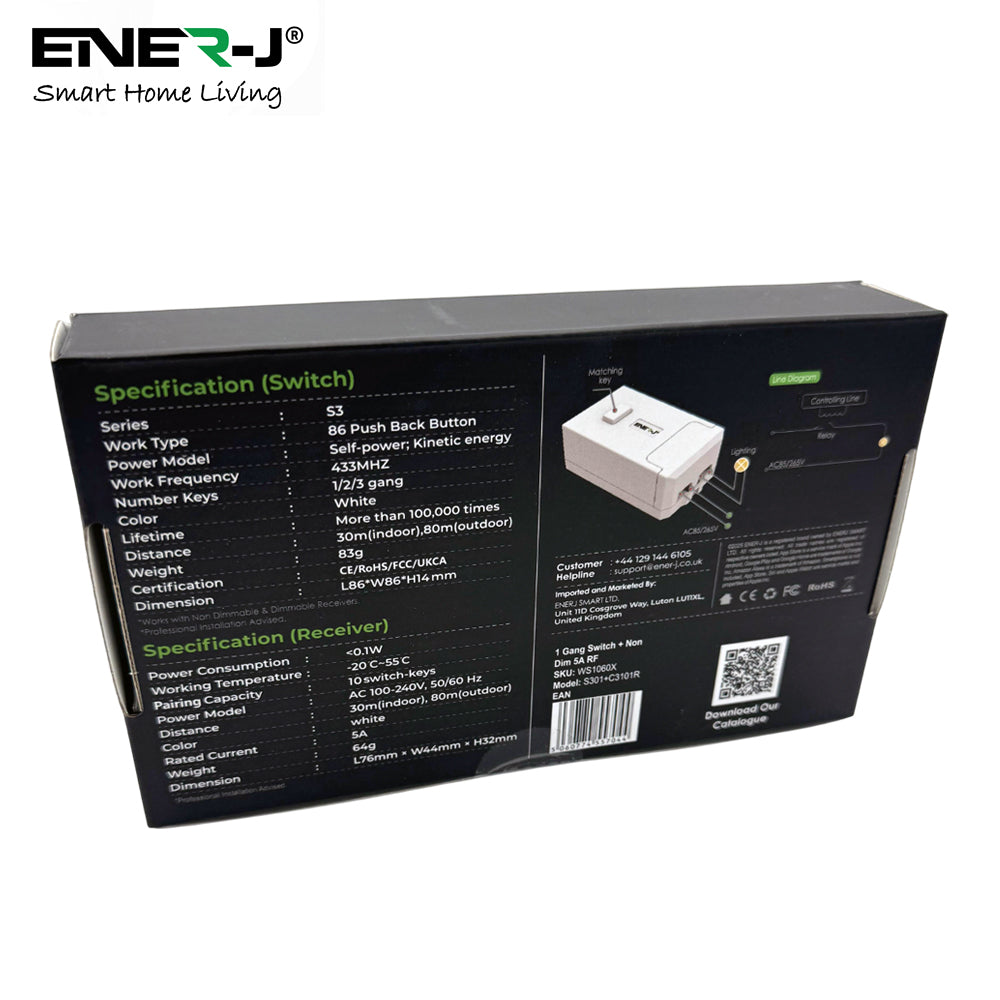 Ener-J 1-Gang Wireless Kinetic Switch & 500W WiFi Receiver Kit, White, Battery-Free & No Wiring