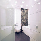 (Wireless Kinetic Switch & 500W WiFi Receiver Kit) Modern bathroom with white tiles, a shower, and a decorative wall panel.