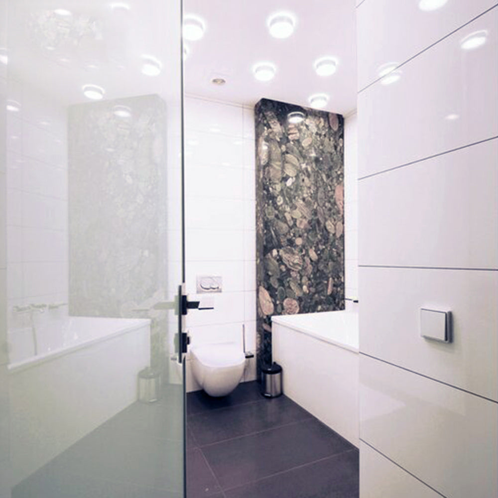 (Wireless Kinetic Switch & 500W WiFi Receiver Kit) Modern bathroom with white tiles, a shower, and a decorative wall panel.