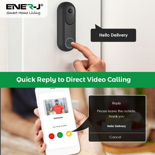 Ener-J Flexi Smart Video Doorbell, 1080p HD, Wired or Wireless Battery Powered, Indoor USB Chime