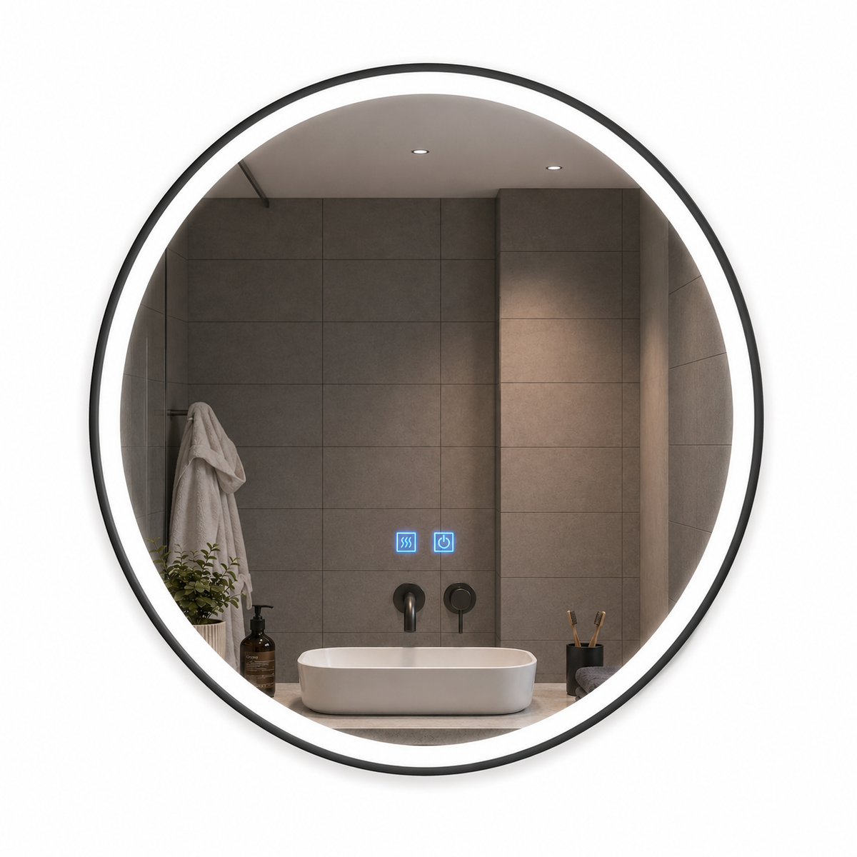 ENER-J Round LED Bathroom Mirror 700mm – Black Aluminium Frame, Backlit, 3 Colour Dimmable Light, Anti-Fog, Touch Sensor
