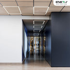 Commercial LED borderline panel lighting installed in modern office corridor with suspended ceiling design