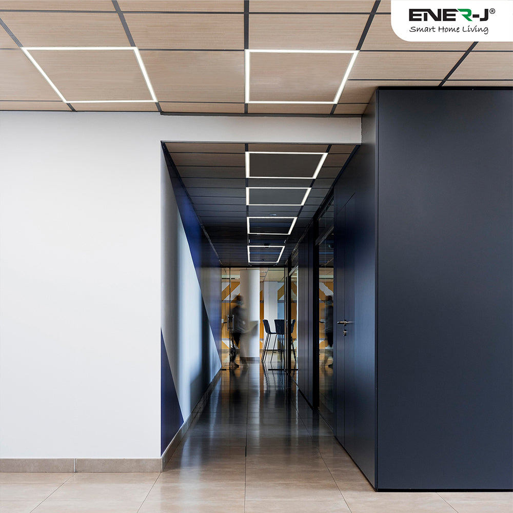 Commercial LED borderline panel lighting installed in modern office corridor with suspended ceiling design