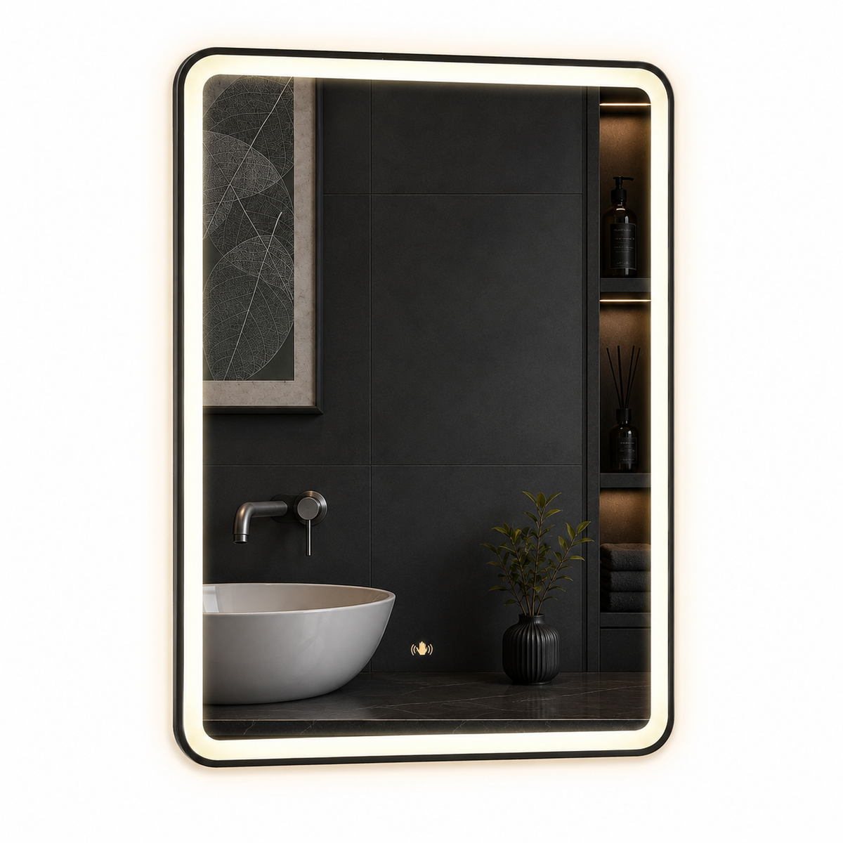 ENER-J Black Framed LED Bathroom Mirror 600x800mm – Hand Wave Sensor, 3 Colour Dimmable Front Light, Anti-Fog Demister, Aluminium Frame