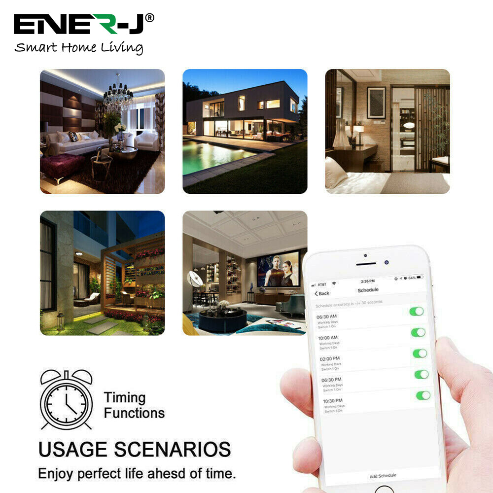 ENER-J Smart WiFi 13A Twin Wall Socket with App Control, Individual Timers, LED Push Buttons & 2.1A USB Charging, White Double Power Socket for Home & Office Automation