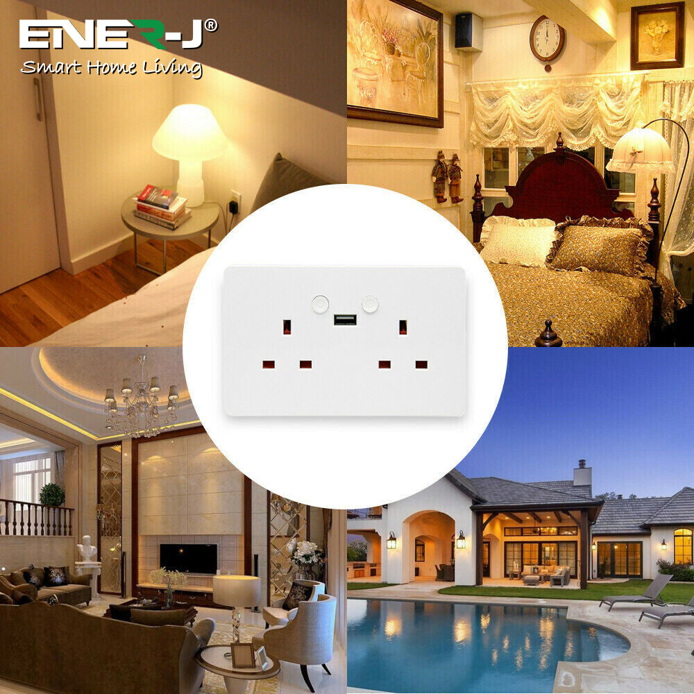 ENER-J Smart WiFi 13A Twin Wall Socket with App Control, Individual Timers, LED Push Buttons & 2.1A USB Charging, White Double Power Socket for Home & Office Automation