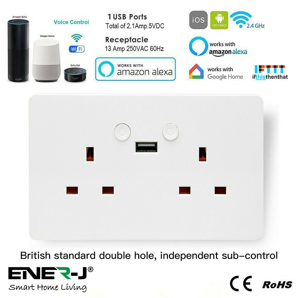ENER-J Smart WiFi 13A Twin Wall Socket with App Control, Individual Timers, LED Push Buttons & 2.1A USB Charging, White Double Power Socket for Home & Office Automation