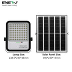 Solar light and solar panel with dimensions labeled, featuring Ener-J branding.