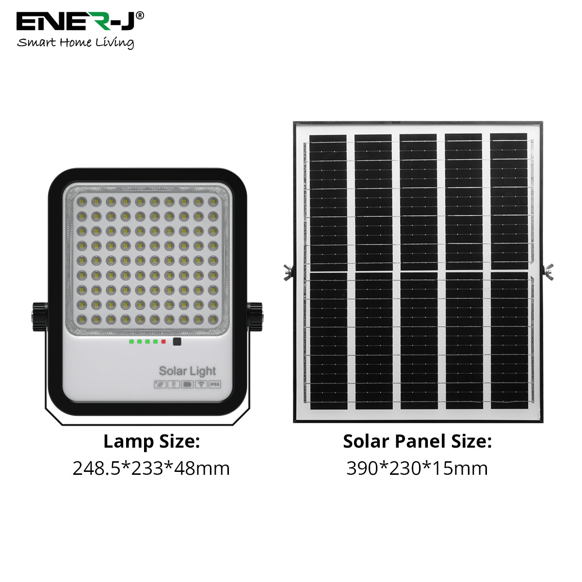 Solar light and solar panel with dimensions labeled, featuring Ener-J branding.