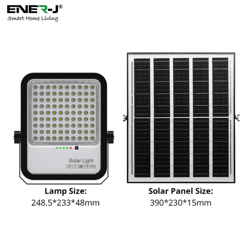 Solar light and solar panel with dimensions labeled, featuring Ener-J branding.