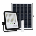 Solar light system with solar panel, light fixture, and remote control on a white background