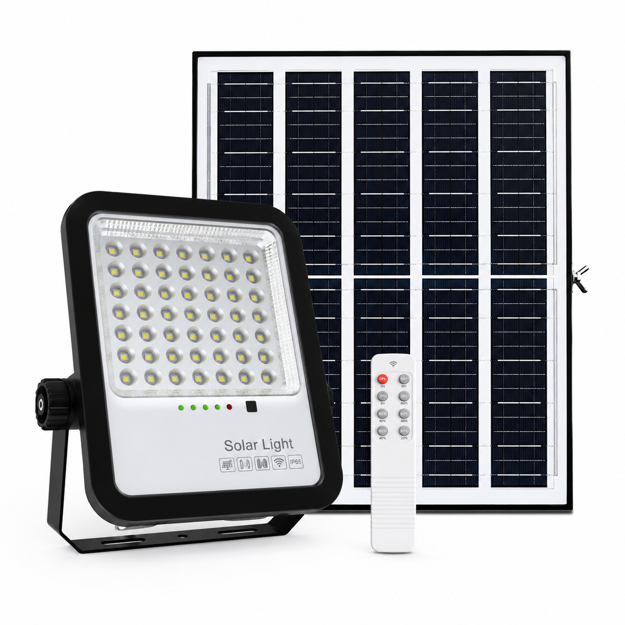 Solar light system with solar panel, light fixture, and remote control on a white background
