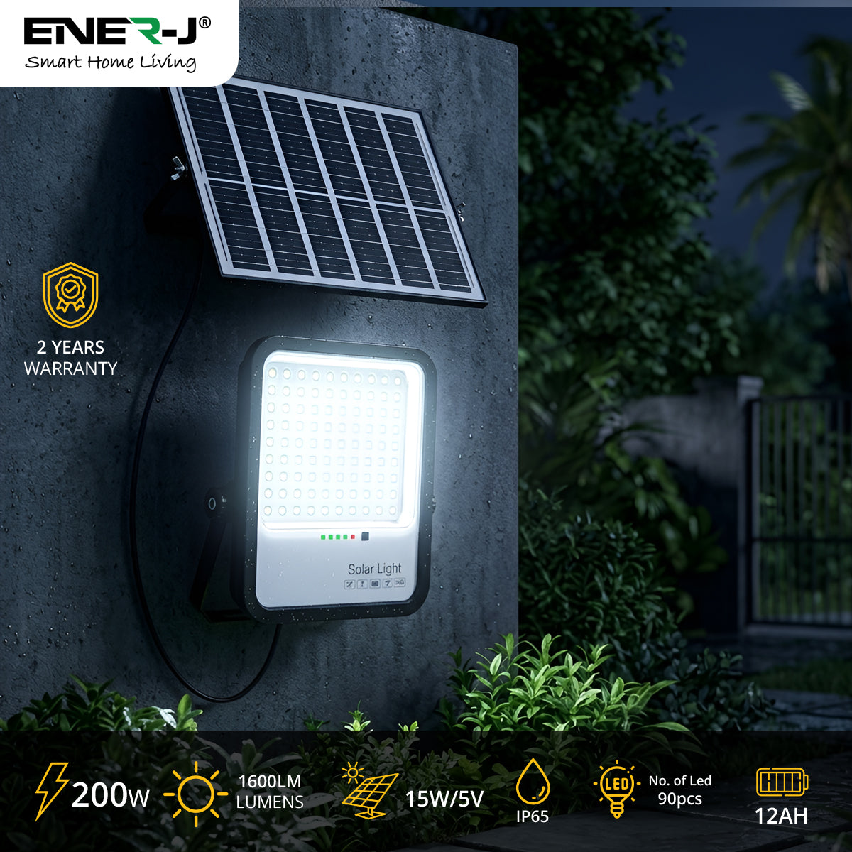 Solar light fixture on a wall with Ener-J branding, showing 2-year warranty and specifications.