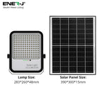 Solar light and solar panel with dimensions labeled, featuring Ener-J branding.