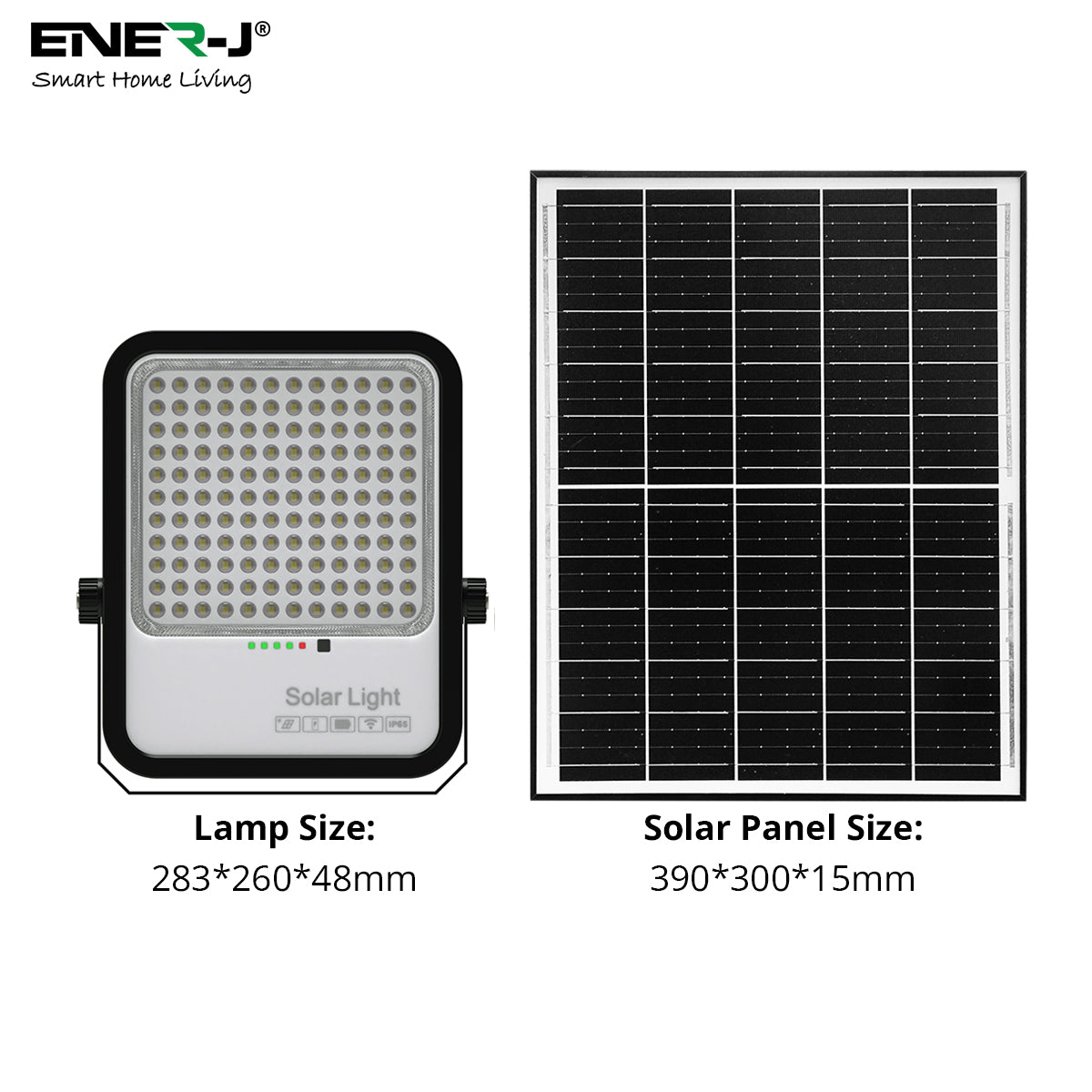 Solar light and solar panel with dimensions labeled, featuring Ener-J branding.
