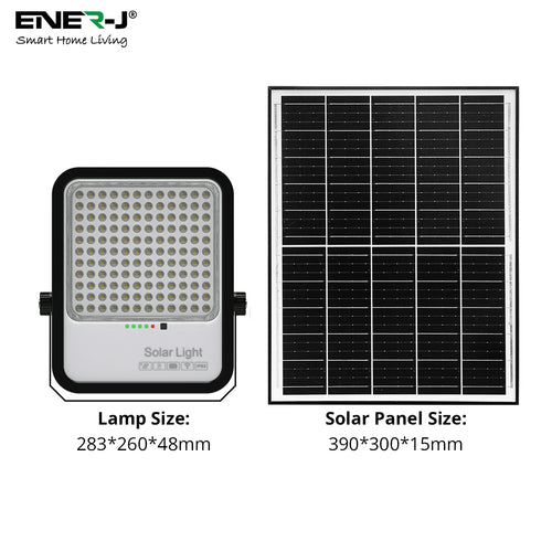 Solar light and solar panel with dimensions labeled, featuring Ener-J branding.