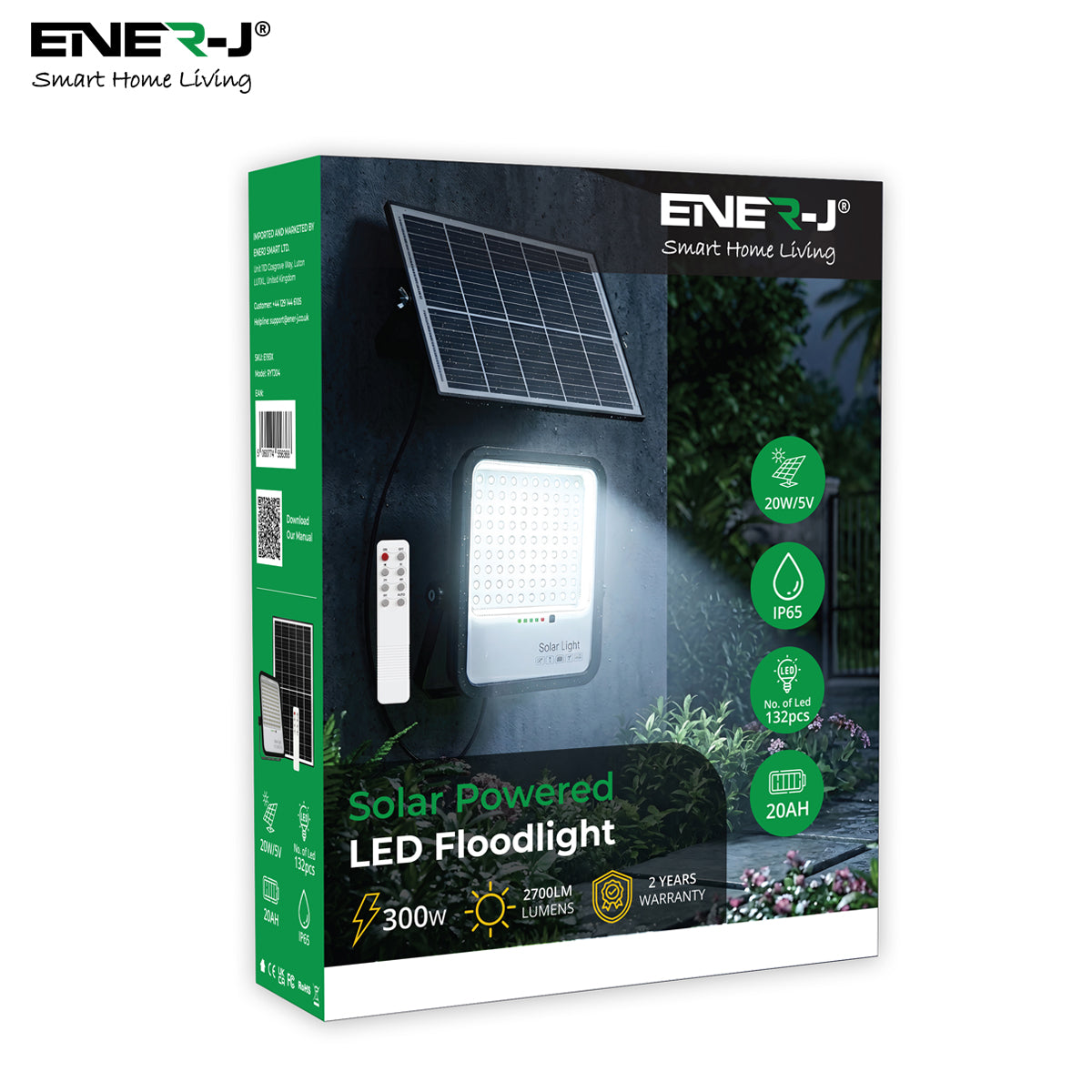 Ener-J solar-powered LED floodlight packaging on a white background